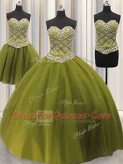 Three Piece Olive Green Tulle Lace Up Quinceanera Dress Sleeveless Floor Length Beading and Sequins