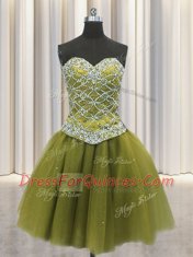 Three Piece Olive Green Tulle Lace Up Quinceanera Dress Sleeveless Floor Length Beading and Sequins