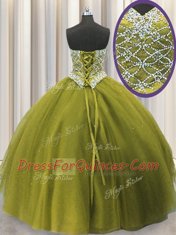 Three Piece Olive Green Tulle Lace Up Quinceanera Dress Sleeveless Floor Length Beading and Sequins