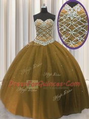 Captivating Brown Ball Gowns Beading 15 Quinceanera Dress Lace Up Tulle Sleeveless Floor Length