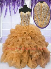 Elegant Gold Quinceanera Gown Military Ball and Sweet 16 and Quinceanera and For with Beading and Ruffles Sweetheart Sleeveless Lace Up