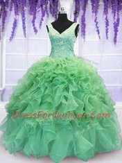 New Style V-neck Sleeveless Quinceanera Gown Floor Length Beading and Ruffles Organza