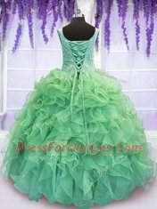 New Style V-neck Sleeveless Quinceanera Gown Floor Length Beading and Ruffles Organza
