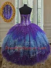 Fitting Three Piece Sequins Sweetheart Sleeveless Lace Up Sweet 16 Dresses Multi-color Tulle