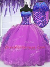 Purple Sleeveless Organza Lace Up Vestidos de Quinceanera for Military Ball and Sweet 16 and Quinceanera