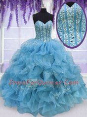 Floor Length Ball Gowns Sleeveless Aqua Blue Quinceanera Gowns Lace Up