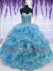 Floor Length Ball Gowns Sleeveless Aqua Blue Quinceanera Gowns Lace Up