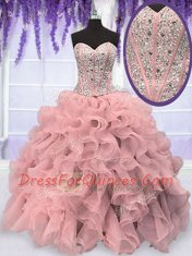 Pink Organza Lace Up Sweetheart Sleeveless Floor Length Ball Gown Prom Dress Beading and Ruffles