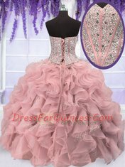 Pink Organza Lace Up Sweetheart Sleeveless Floor Length Ball Gown Prom Dress Beading and Ruffles