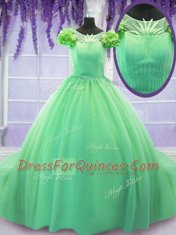 Scoop Ball Gowns Short Sleeves Green Quinceanera Dress Court Train Lace Up