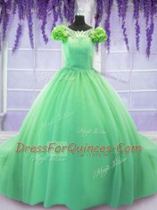 Scoop Ball Gowns Short Sleeves Green Quinceanera Dress Court Train Lace Up