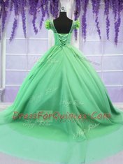 Scoop Ball Gowns Short Sleeves Green Quinceanera Dress Court Train Lace Up