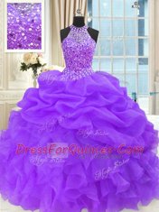 Decent Purple High-neck Neckline Beading and Pick Ups Vestidos de Quinceanera Sleeveless Lace Up