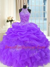 Decent Purple High-neck Neckline Beading and Pick Ups Vestidos de Quinceanera Sleeveless Lace Up
