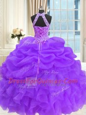 Decent Purple High-neck Neckline Beading and Pick Ups Vestidos de Quinceanera Sleeveless Lace Up
