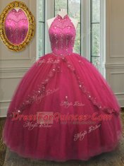 Attractive Halter Top Sleeveless Beading and Appliques Lace Up Quinceanera Gown