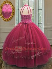 Attractive Halter Top Sleeveless Beading and Appliques Lace Up Quinceanera Gown