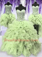Fantastic Four Piece Sleeveless Lace Up Floor Length Ruffles and Sequins Quince Ball Gowns