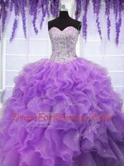 Stunning Lavender Organza Lace Up Sweetheart Sleeveless Floor Length Sweet 16 Dress Ruffles and Sequins