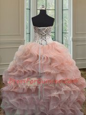 Peach Lace Up Sweetheart Beading and Ruffles Quinceanera Dresses Organza Sleeveless