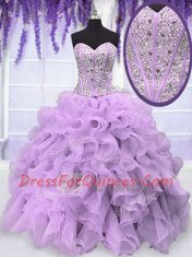 Lavender Organza Lace Up Sweetheart Sleeveless Floor Length 15 Quinceanera Dress Beading and Ruffles