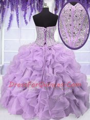 Lavender Organza Lace Up Sweetheart Sleeveless Floor Length 15 Quinceanera Dress Beading and Ruffles