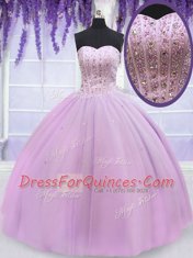 Cute Floor Length Lilac 15th Birthday Dress Tulle Sleeveless Beading