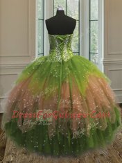 Top Selling Sleeveless Floor Length Beading and Ruffles and Sequins Lace Up Quinceanera Gowns with Multi-color