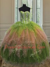 Top Selling Sleeveless Floor Length Beading and Ruffles and Sequins Lace Up Quinceanera Gowns with Multi-color