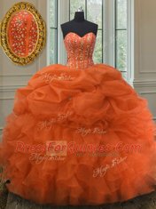 Modern Orange Red Lace Up Vestidos de Quinceanera Beading and Ruffles and Pick Ups Sleeveless Floor Length