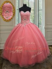Elegant Floor Length Watermelon Red Sweet 16 Dresses Organza Sleeveless Beading and Belt