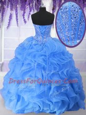 Simple Sequins Blue Sleeveless Organza Lace Up 15th Birthday Dress for Military Ball and Sweet 16 and Quinceanera