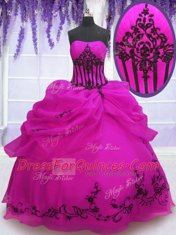 Deluxe Sleeveless Floor Length Embroidery and Pick Ups Lace Up Sweet 16 Quinceanera Dress with Fuchsia