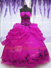 Deluxe Sleeveless Floor Length Embroidery and Pick Ups Lace Up Sweet 16 Quinceanera Dress with Fuchsia