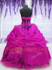 Deluxe Sleeveless Floor Length Embroidery and Pick Ups Lace Up Sweet 16 Quinceanera Dress with Fuchsia