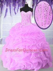 Lilac Lace Up Sweetheart Beading and Ruffles Quince Ball Gowns Organza Sleeveless