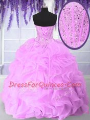 Lilac Lace Up Sweetheart Beading and Ruffles Quince Ball Gowns Organza Sleeveless