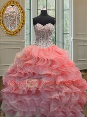 Inexpensive Sweetheart Sleeveless Lace Up 15 Quinceanera Dress Watermelon Red Organza