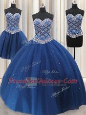 Three Piece Sweetheart Sleeveless Quinceanera Dresses Floor Length Beading and Sequins Blue Tulle