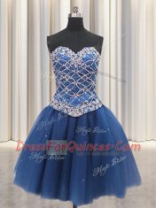 Three Piece Sweetheart Sleeveless Quinceanera Dresses Floor Length Beading and Sequins Blue Tulle