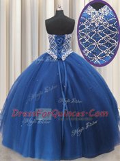 Three Piece Sweetheart Sleeveless Quinceanera Dresses Floor Length Beading and Sequins Blue Tulle