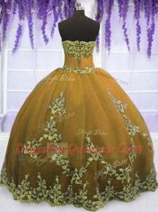 Hot Sale Strapless Sleeveless Zipper Quinceanera Gowns Brown Tulle