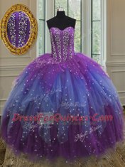Dramatic Multi-color Sleeveless Floor Length Beading and Ruffles and Sequins Lace Up Quinceanera Dress