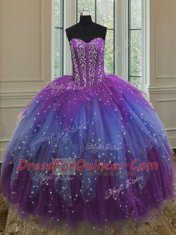 Dramatic Multi-color Sleeveless Floor Length Beading and Ruffles and Sequins Lace Up Quinceanera Dress