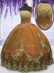 Brown Strapless Neckline Appliques Quinceanera Dress Sleeveless Zipper