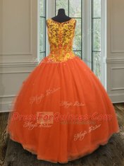 Modern Orange Red Ball Gowns Beading Sweet 16 Quinceanera Dress Zipper Tulle Sleeveless Floor Length