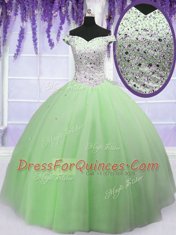 Artistic Off the Shoulder Beading Quinceanera Dresses Apple Green Lace Up Short Sleeves Floor Length