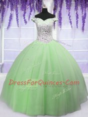 Artistic Off the Shoulder Beading Quinceanera Dresses Apple Green Lace Up Short Sleeves Floor Length