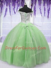 Artistic Off the Shoulder Beading Quinceanera Dresses Apple Green Lace Up Short Sleeves Floor Length