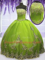 Dramatic Floor Length Olive Green Quince Ball Gowns Tulle Sleeveless Appliques